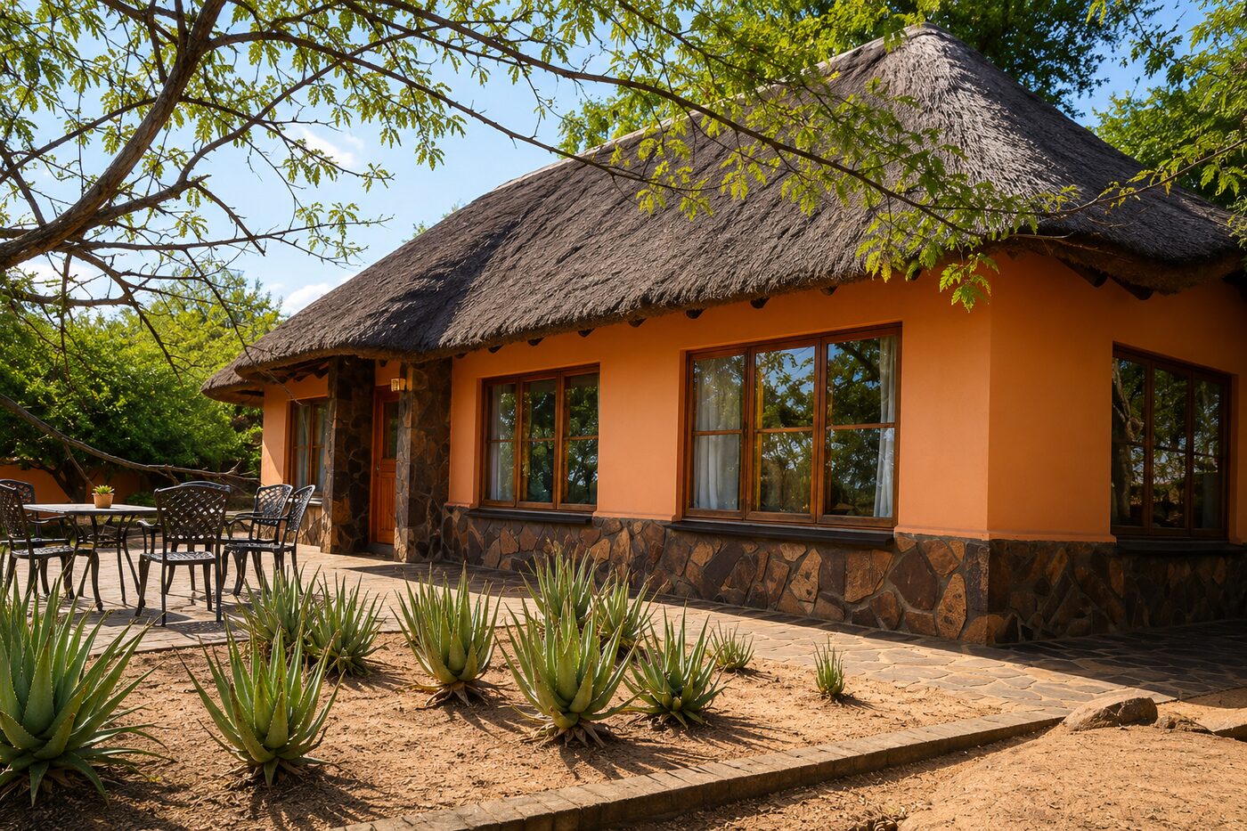 Compact thatched chalet exterior