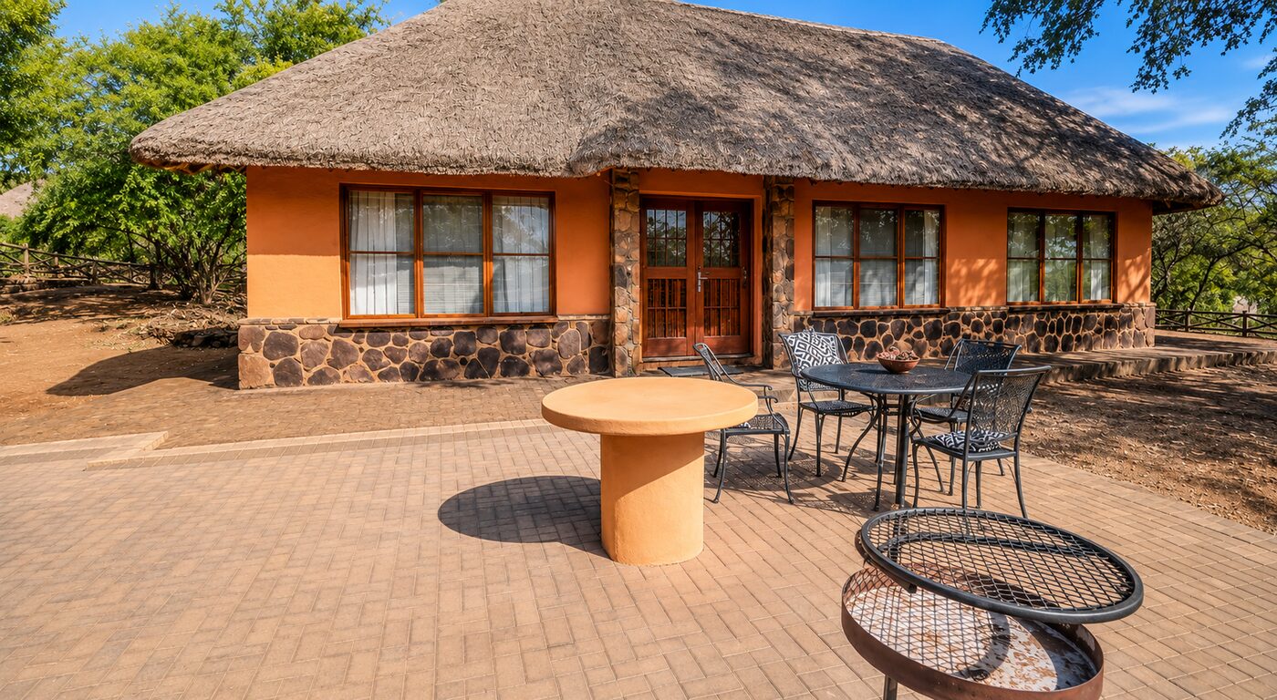 Thatched chalet exterior with aloe garden