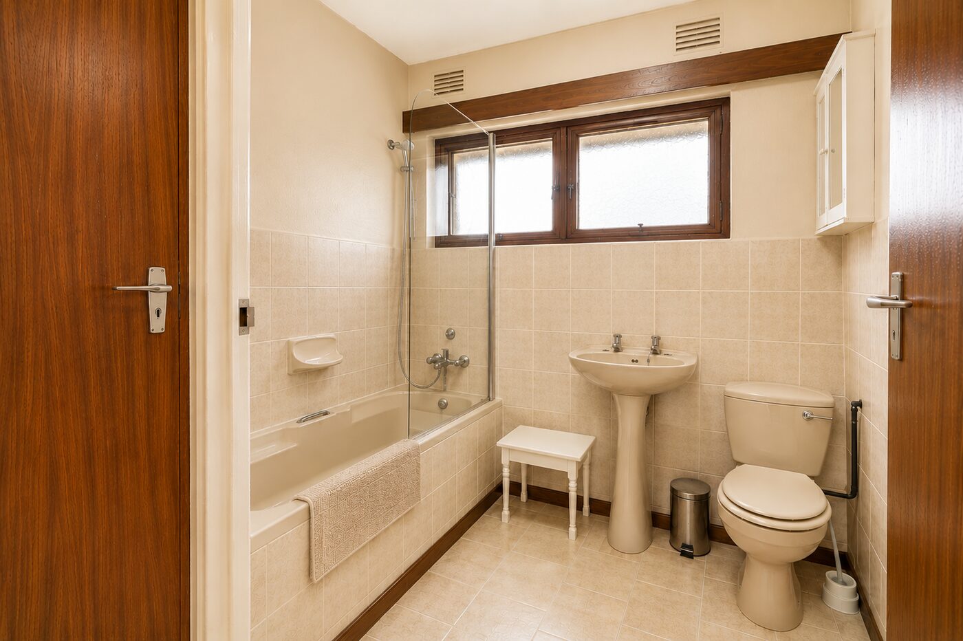Full bathroom with bath, shower and basin