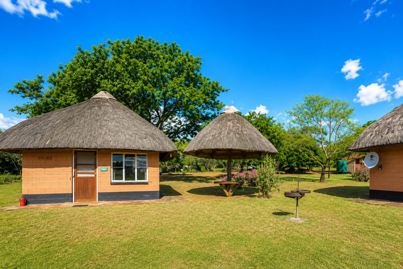 Thatched rondavel rest hut exterior with private braai stand