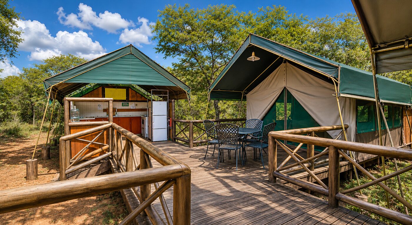 4-sleeper safari tents joined by a wooden deck